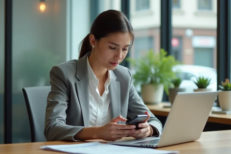 Femme professionnelle utilisant son téléphone personnel au bureau dans un espace de travail québécois
