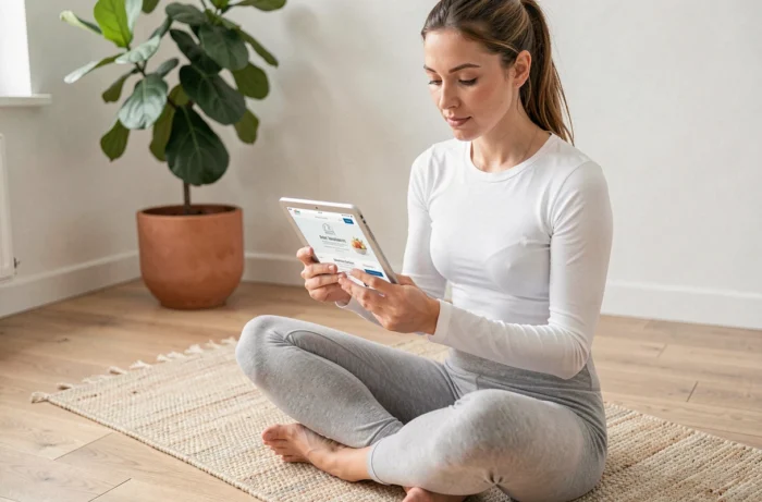 Femme en tenue de yoga consultant un site santé et bien-être sur une tablette dans un salon moderne et épuré
