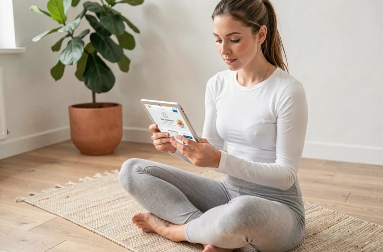 Femme en tenue de yoga consultant un site santé et bien-être sur une tablette dans un salon moderne et épuré