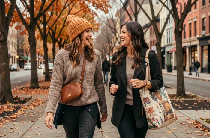 Deux femmes élégantes marchant en ville en automne portant des accessoires de mode tendance comme bonnet, ceinture et bijoux