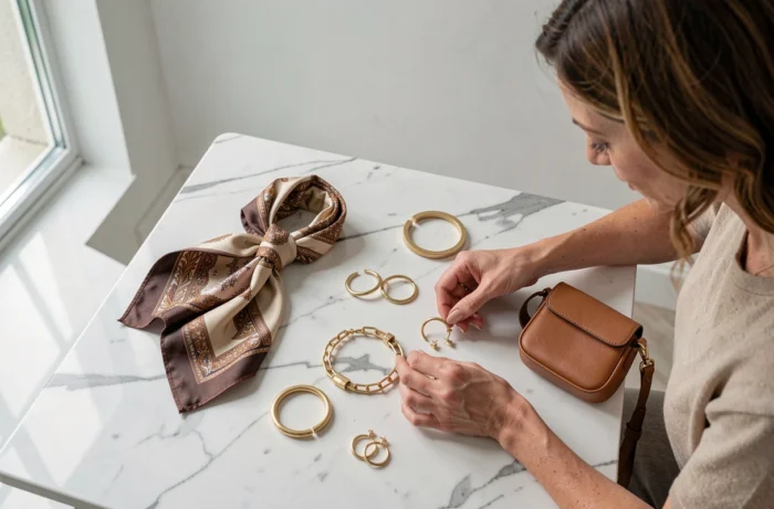 Flat lay d'accessoires de mode féminins sur marbre blanc incluant foulard en soie, bijoux dorés et sac bandoulière