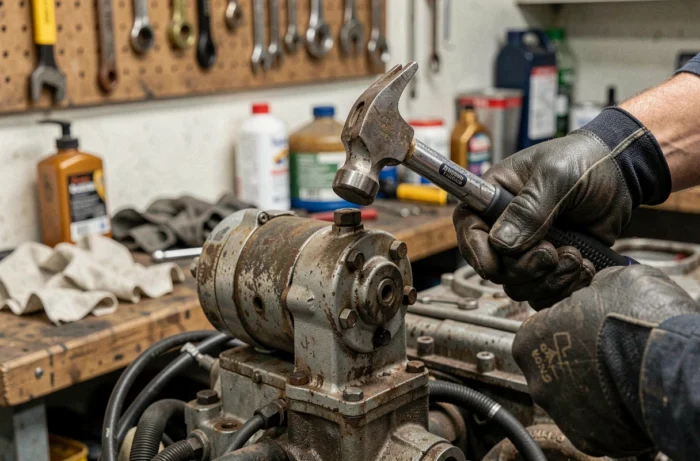 Gros plan sur une main de mécanicien tapant sur un démarreur de voiture avec un marteau dans un garage