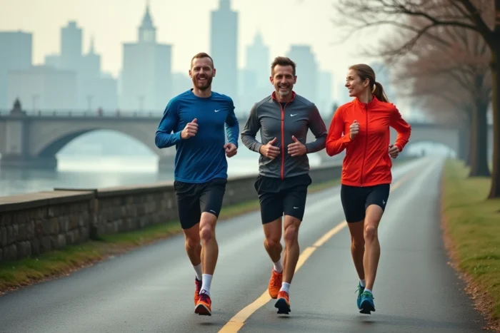 Groupe de coureurs progressant ensemble sur un chemin urbain au bord de l'eau pour améliorer leur endurance