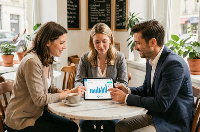 Un groupe de trois adultes discute d'investissements boursiers autour d'une tablette dans un café moderne et lumineux
