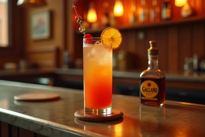 Verre highball rétro rempli d'un Harvey Wallbanger orange avec cerise et tranche d'orange, posé sur un comptoir de bar vintage des années 70