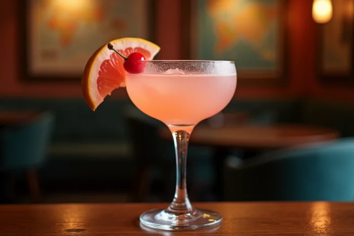 Coupe de Hemingway daiquiri rose pâle avec une tranche de pamplemousse et une cerise, ornée de condensation sur un bar en bois d'inspiration cubaine