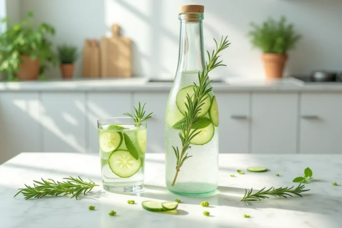 Bouteille et verre de tonic aux herbes fraîches avec romarin, concombre et menthe sur un plan de travail en marbre blanc entouré de plantes aromatiques