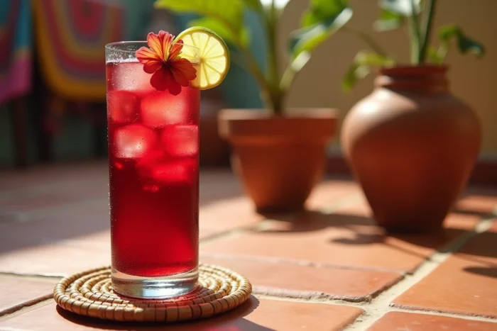 Verre de bissap frappé rouge profond garni d'une fleur d'hibiscus séchée et d'un quartier de citron vert sur une surface en terre cuite