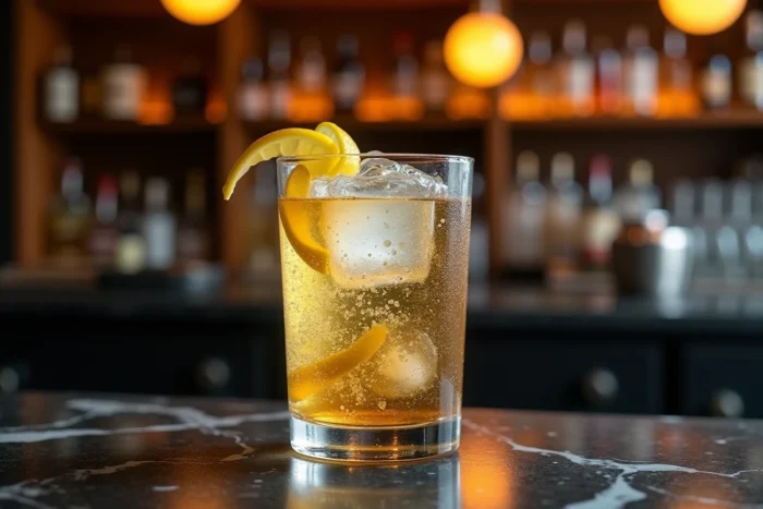 Verre highball contenant du whisky doré avec eau gazeuse et un grand glaçon, garni d'un zeste de citron torsadé sur un bar en marbre sombre