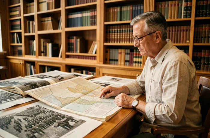 Historien étudiant des cartes et photographies d'archives sur les forces alliées et de l'Axe de la Seconde Guerre mondiale dans une bibliothèque universitaire