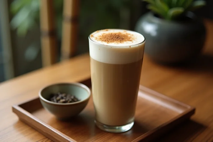 Verre en céramique de latte hoji-cha avec mousse de lait veloutée saupoudrée de poudre de hojicha sur un plateau en bois japonais minimaliste
