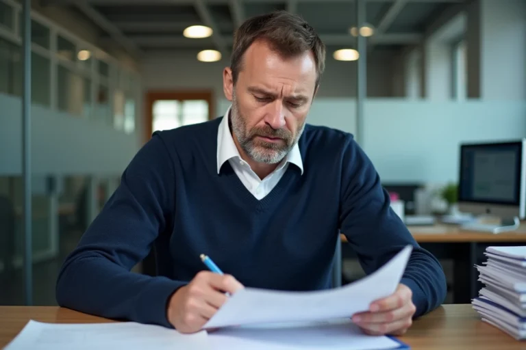 Homme de 40 ans consultant des documents d'éligibilité au chômage dans une agence pour l'emploi en France