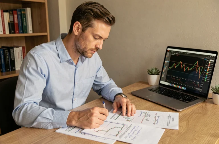 Un homme en chemise bleue analyse des graphiques boursiers imprimés et des notes manuscrites dans un bureau à domicile bien organisé