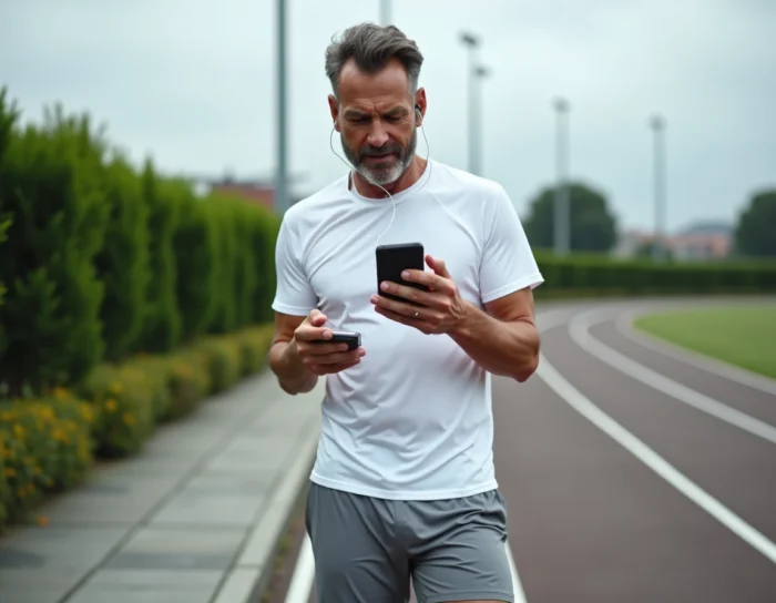 Homme consultant son application de coaching sportif personnalisé sur smartphone après une course sur piste urbaine