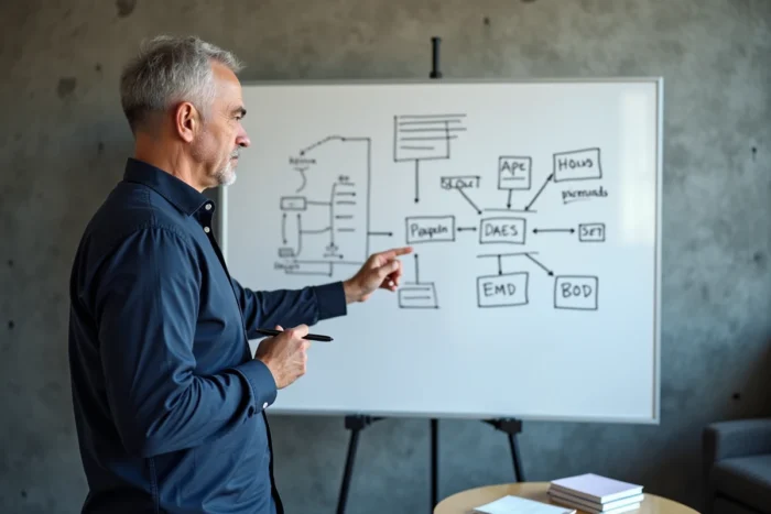 Homme expliquant l'architecture d'un plan de site sur un tableau blanc dans une salle de réunion
