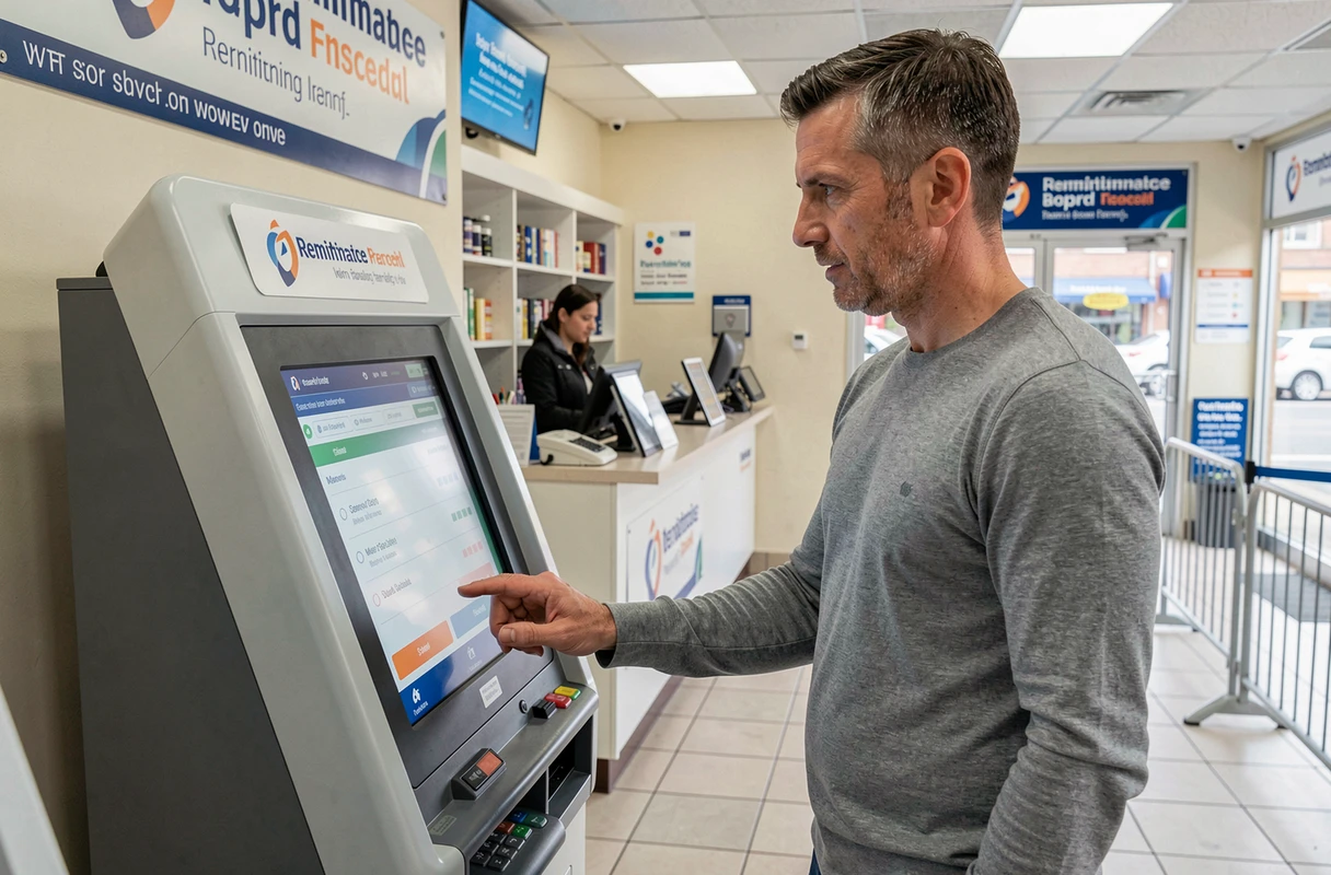Homme vérifiant le statut d'un envoi de fonds sur une borne interactive dans une agence de transfert d'argent
