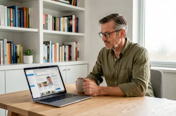 Homme consultant des articles santé sur un ordinateur portable dans un bureau à domicile minimaliste et lumineux