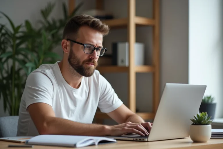 Homme travaillant sur des stratégies de revenus en ligne depuis son bureau à domicile avec un ordinateur portable affichant des graphiques financiers