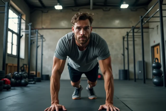 Homme effectuant un exercice de burpee dans une salle de CrossFit pour développer son endurance