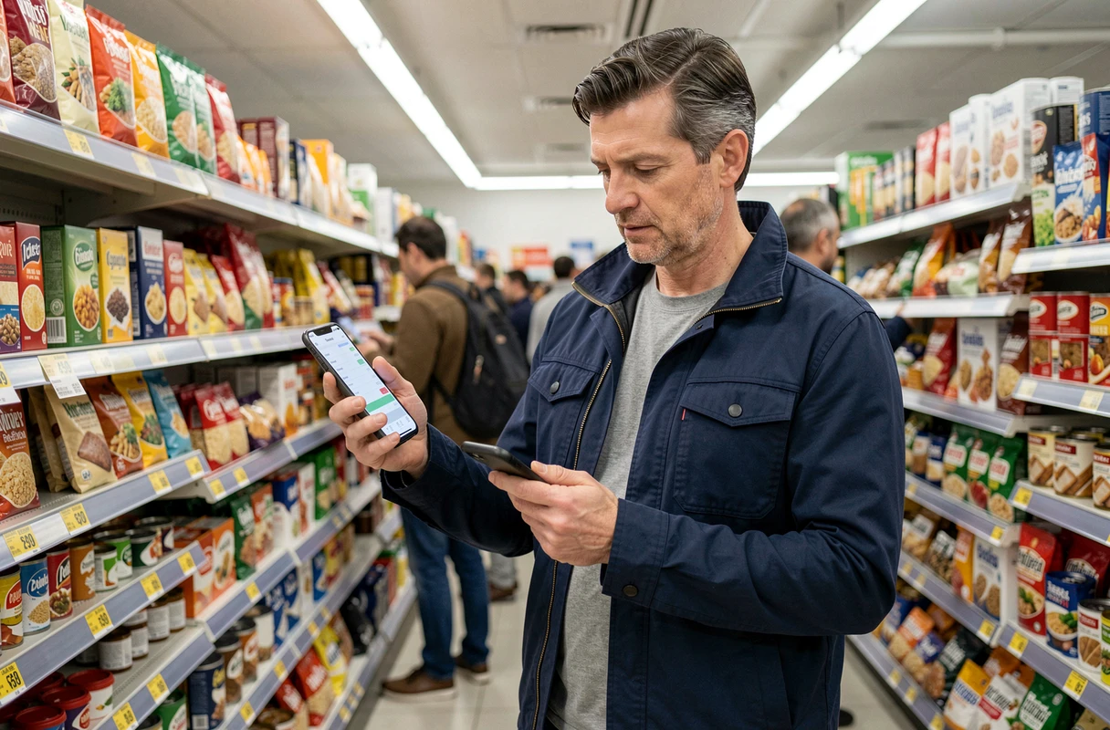 Homme comparant les prix en supermarché avec une application de gestion budgétaire sur smartphone