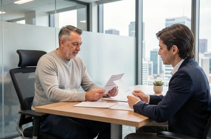 Homme en rendez-vous avec un conseiller financier dans une banque pour comprendre son crédit et sa sécurité financière