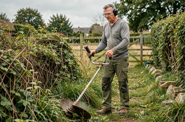 Homme utilisant une débroussailleuse thermique pour entretenir les bordures d'un jardin envahi par la végétation