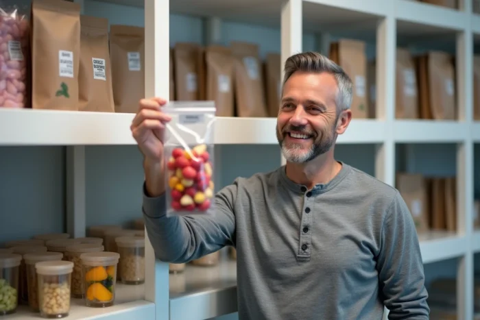 Homme inspectant un sac sous vide de fruits rouges dans un garde-manger organisé avec des aliments conservés sous vide