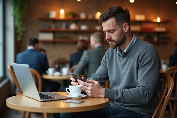 Homme gérant ses activités professionnelles sur mobile depuis un café avec un tableau de bord numérique