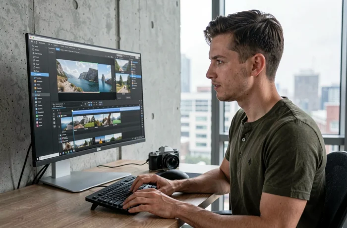 Jeune homme utilisant un logiciel de montage vidéo pour créer une vidéo personnalisée à partir de photos de voyage dans un appartement moderne