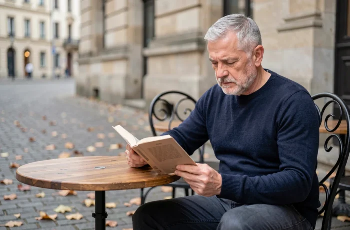 Homme senior de 67 ans lisant un livre en terrasse de café en automne, évoquant la sérénité et l'épanouissement personnel après 60 ans