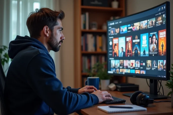 Homme consultant un catalogue de plateformes de streaming sur son ordinateur dans un bureau à domicile