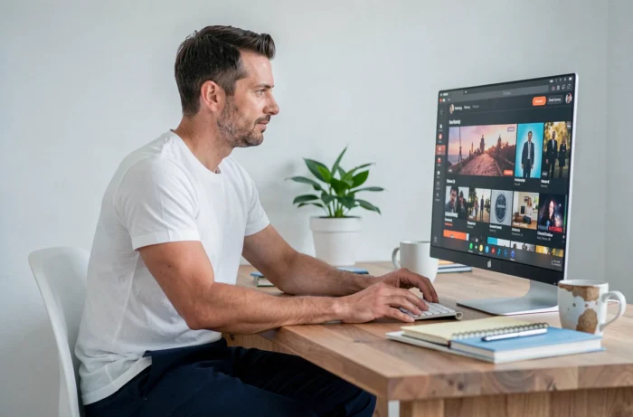 Homme en télétravail regardant un film en streaming légal sur son ordinateur de bureau