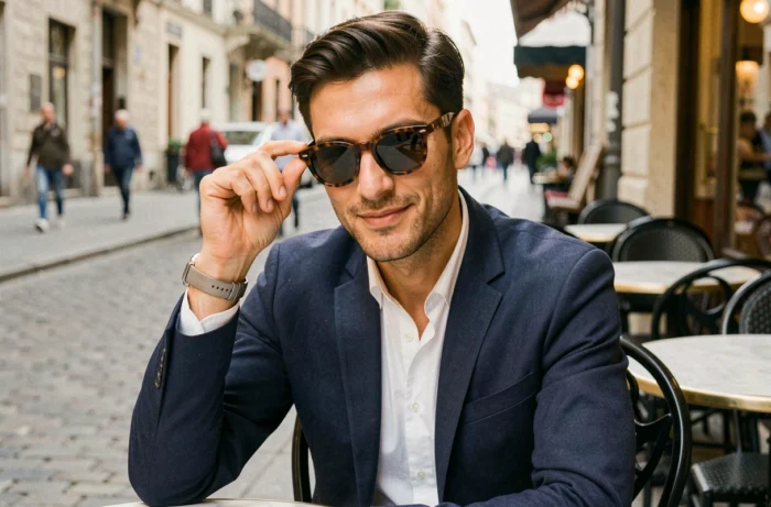 Homme stylé avec montre et lunettes de soleil assis en terrasse de café dans une ville européenne
