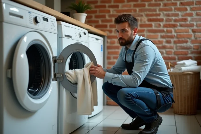 Homme rangeant soigneusement un tablier dans le tambour d'un lave-linge à hublot dans une buanderie rustique