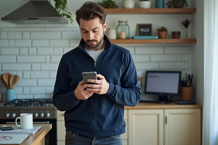 Homme en télétravail consultant son téléphone personnel pour des raisons professionnelles depuis son domicile au Québec