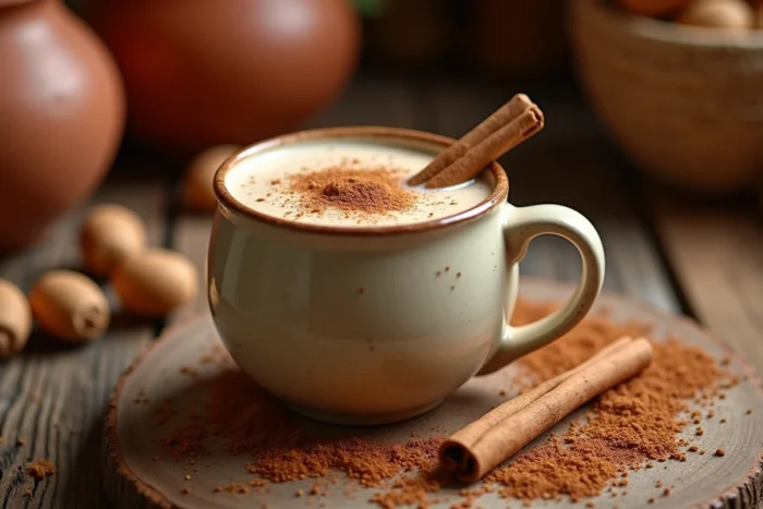 Tasse en céramique remplie d'horchata crémeuse saupoudrée de cannelle, entourée de riz et de bâtons de cannelle sur une table en bois