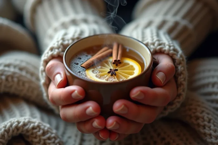 Mains tenant une tasse en céramique de hot toddy fumant avec une tranche de citron, un bâton de cannelle et des clous de girofle en hiver