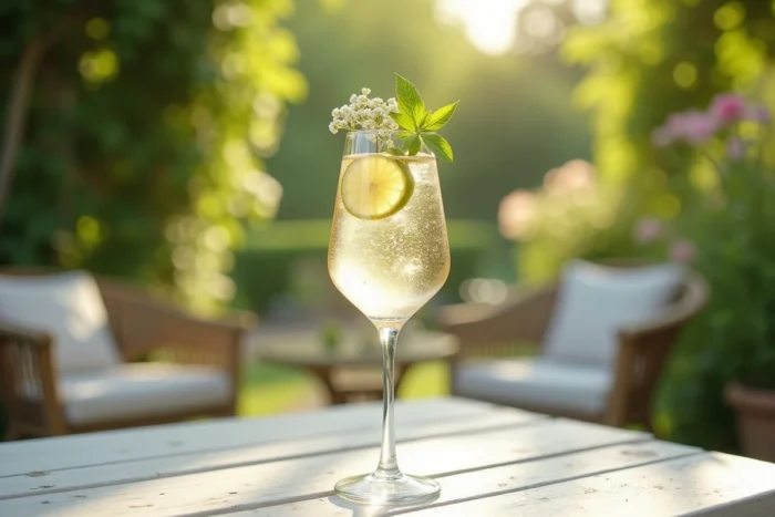 Verre à pied de Hugo spritz doré garni de fleurs de sureau, d'une branche de menthe et d'une tranche de citron vert sur une terrasse de jardin européen
