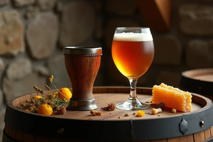 Corne médiévale et gobelet en verre remplis d'hydromel doré sur un tonneau en bois entouré de fleurs séchées et de morceaux de rayon de miel
