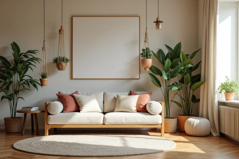 Salon moderne décoré avec des astuces déco originales : miroir au sol, plantes en macramé, table en travertin et coussins en lin