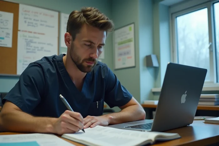Infirmier masculin étudiant des ressources médicales dans une salle de pause clinique