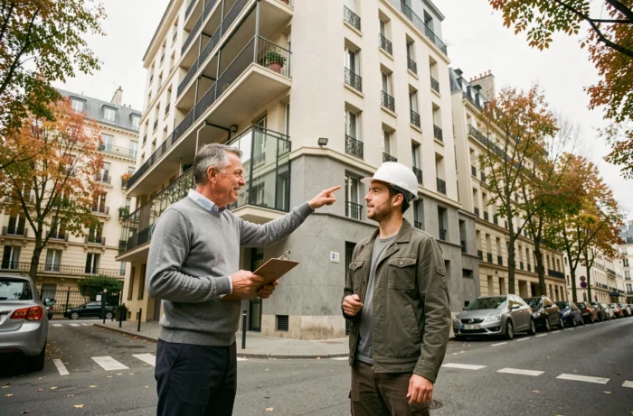 Investisseur immobilier et architecte inspectant une façade d'immeuble rénové dans une rue parisienne