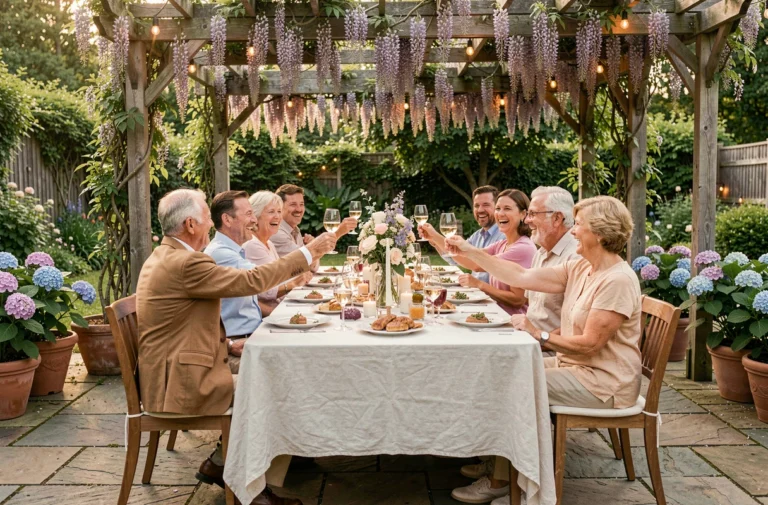 Groupe d'invités joyeux réunis autour d'une table décorée pour un retour de noces dans un jardin fleuri