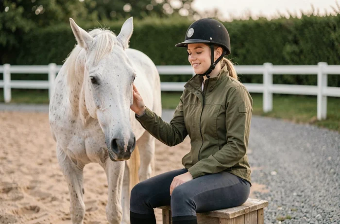 Jeune cavalière au repos avec son cheval gris pommelé dans un manège extérieur, illustrant la détente et les bénéfices émotionnels de l'équitation