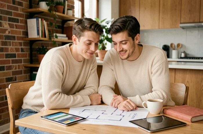 Jeune couple étudiant un plan de financement immobilier avec tablette et documents sur une table