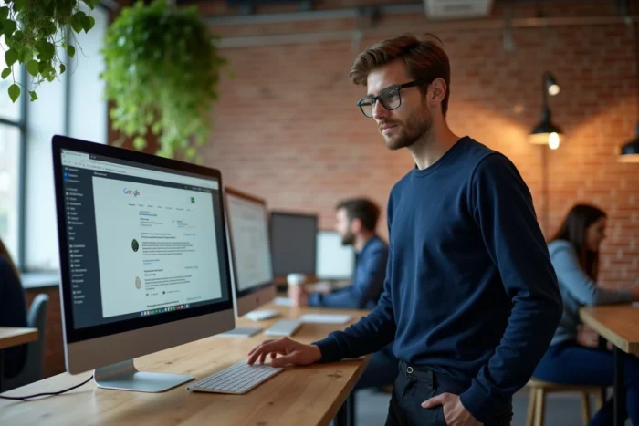 Jeune homme consultant un moteur de recherche solidaire sur un ordinateur dans un espace de coworking moderne