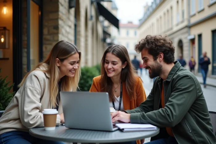 Trois jeunes adultes discutant d'une initiative locale autour d'un ordinateur portable en terrasse de café dans une rue piétonne de Rennes