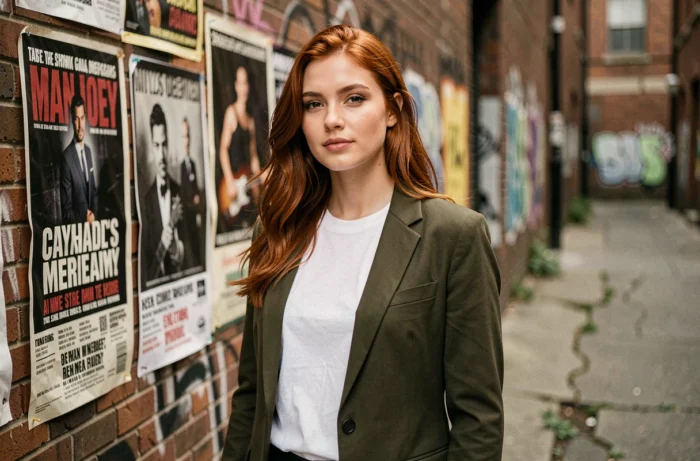 Portrait éditorial d'une jeune femme talentueuse aux cheveux auburn devant un mur de briques urbain, évoquant l'étoile montante Joséphine Archer Cameron