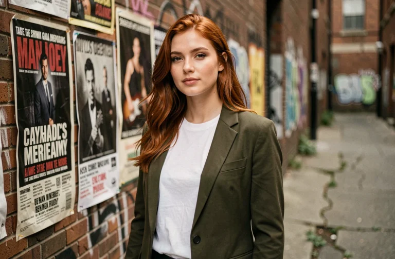 Portrait éditorial d'une jeune femme talentueuse aux cheveux auburn devant un mur de briques urbain, évoquant l'étoile montante Joséphine Archer Cameron