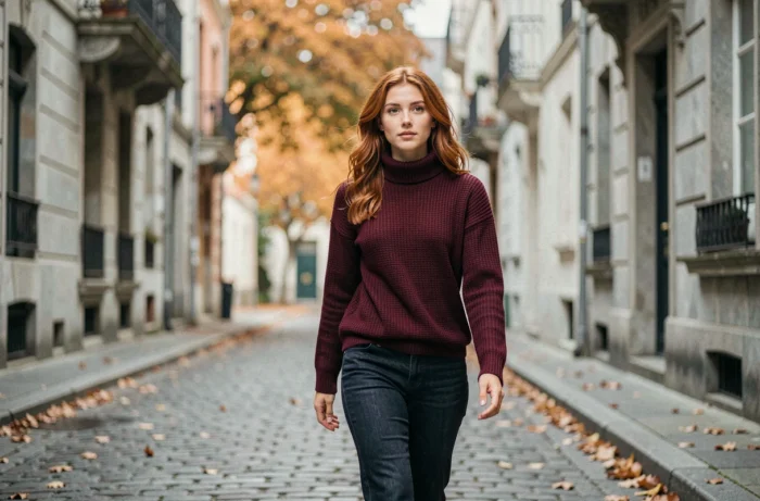 Jeune femme aux cheveux auburn marchant dans une rue pavée européenne en automne, portrait de style documentaire illustrant l'ascension de Joséphine Archer Cameron